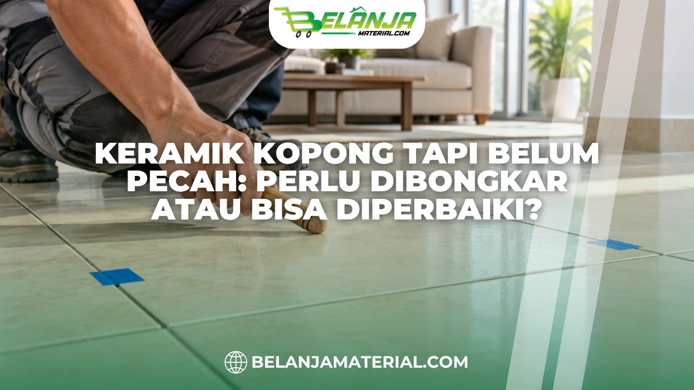 Tukang memeriksa keramik kopong dengan mengetuk lantai menggunakan alat kayu