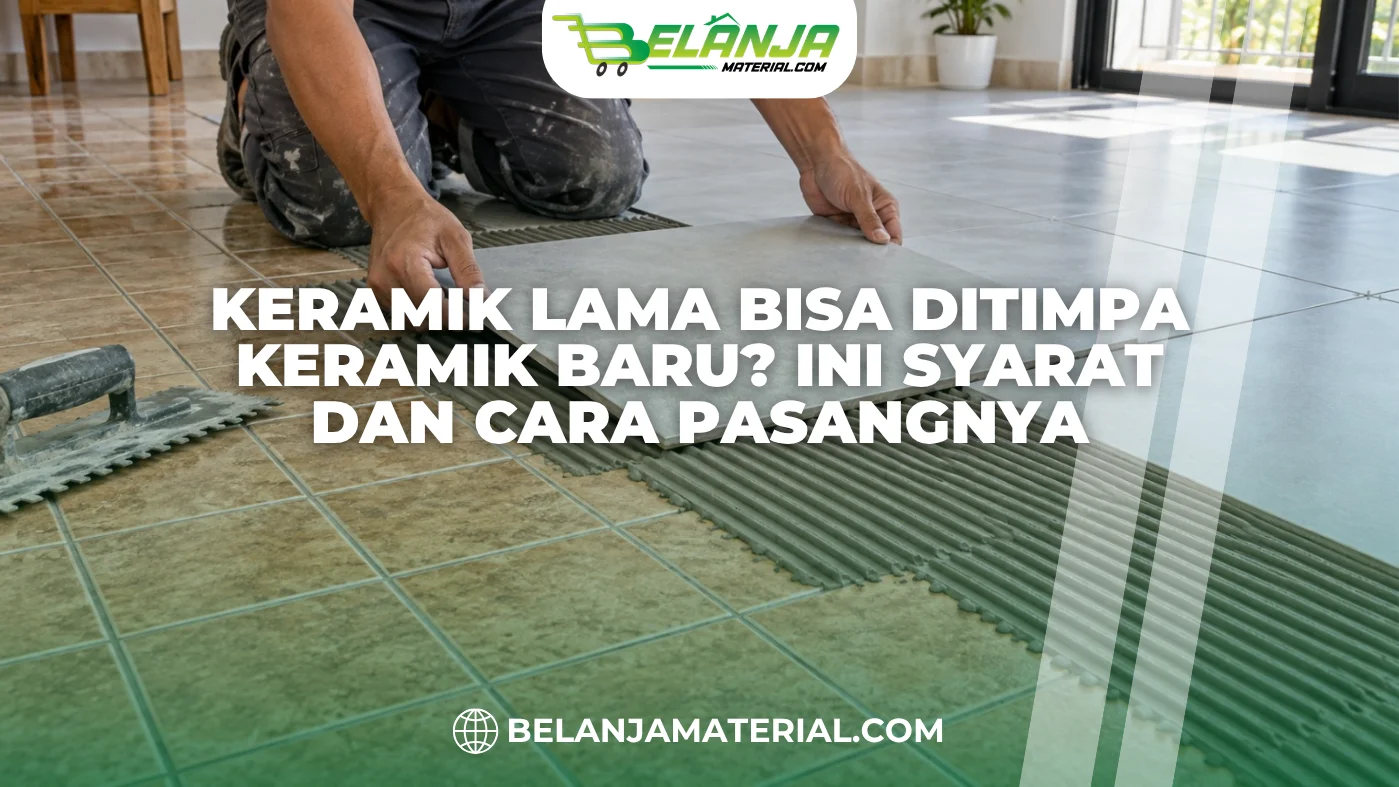 Tukang memasang keramik baru berwarna abu-abu di atas keramik lama menggunakan perekat