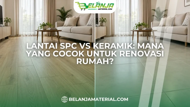 Perbandingan lantai SPC motif kayu di kiri dan keramik abu-abu di kanan pada ruang tamu.
