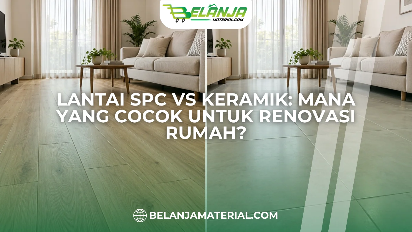 Perbandingan lantai SPC motif kayu di kiri dan keramik abu-abu di kanan pada ruang tamu.