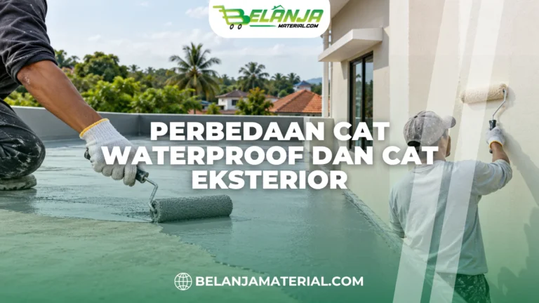 Aplikasi cat waterproof abu-abu pada dak beton dan cat eksterior krem pada dinding rumah
