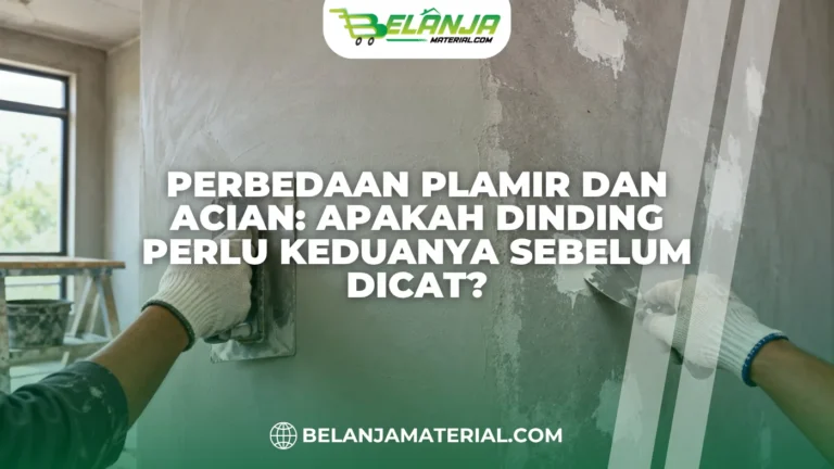 Proses acian dan aplikasi plamir pada dinding sebelum dicat.