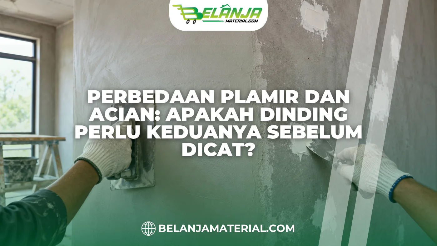 Proses acian dan aplikasi plamir pada dinding sebelum dicat.