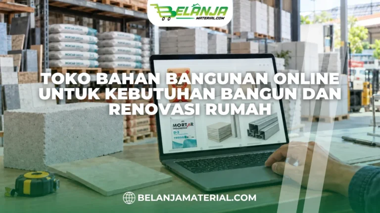 Katalog toko bahan bangunan online di laptop dengan latar gudang material